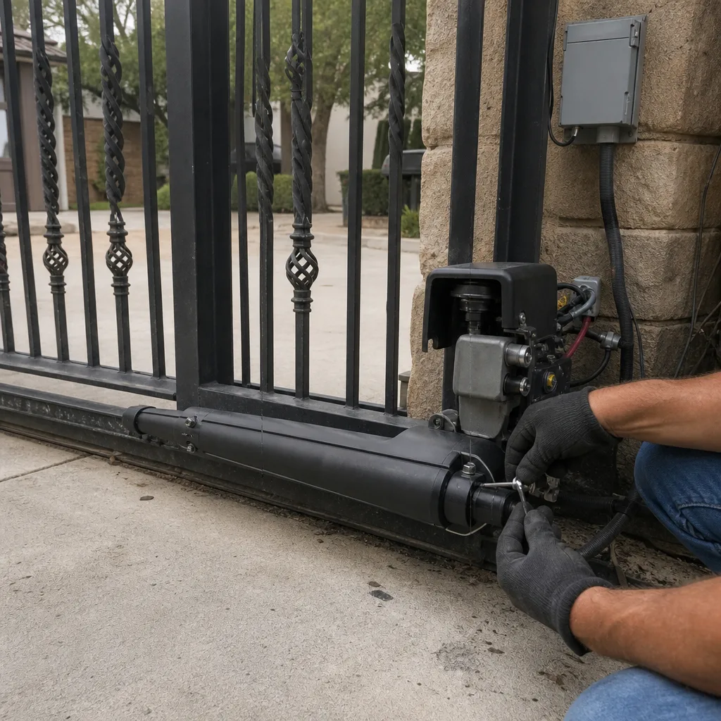 Technician performing electric gate motor repair and maintenance on driveway gate