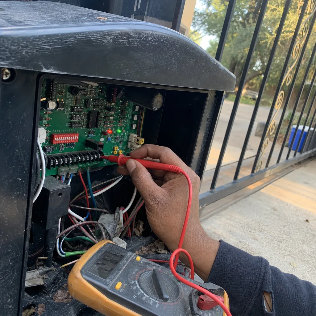 Technician performing electric gate circuit board repair with a multimeter