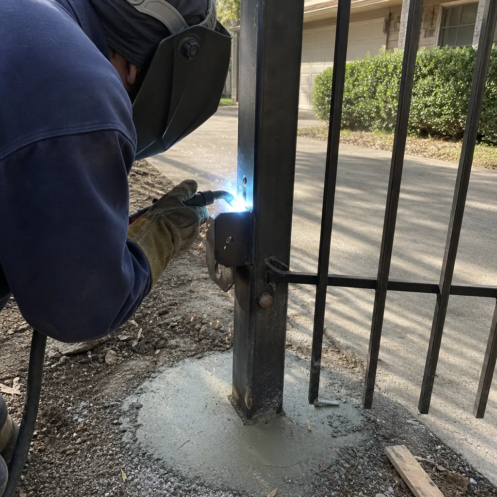 Professional gate repair technician welding a metal fence post on site