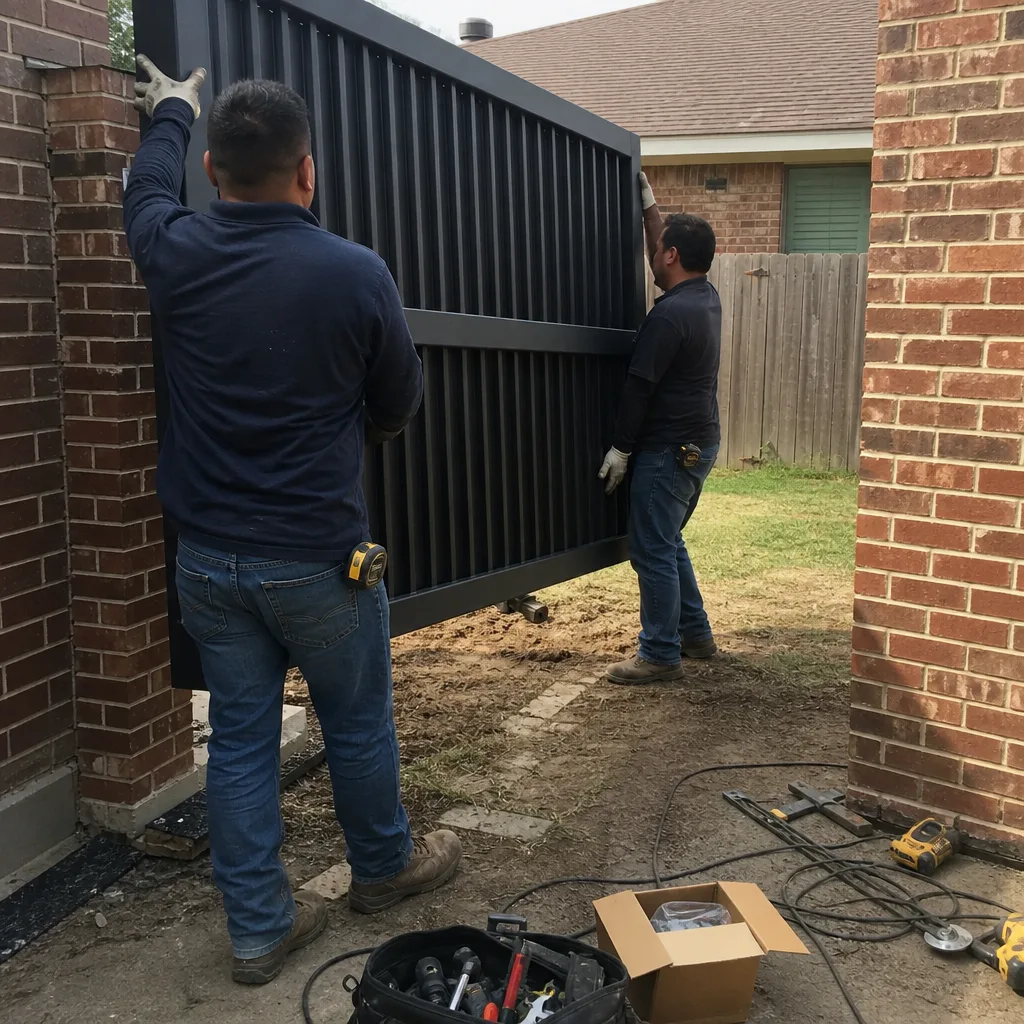 Two technicians installing a professional metal driveway gate on brick pillars