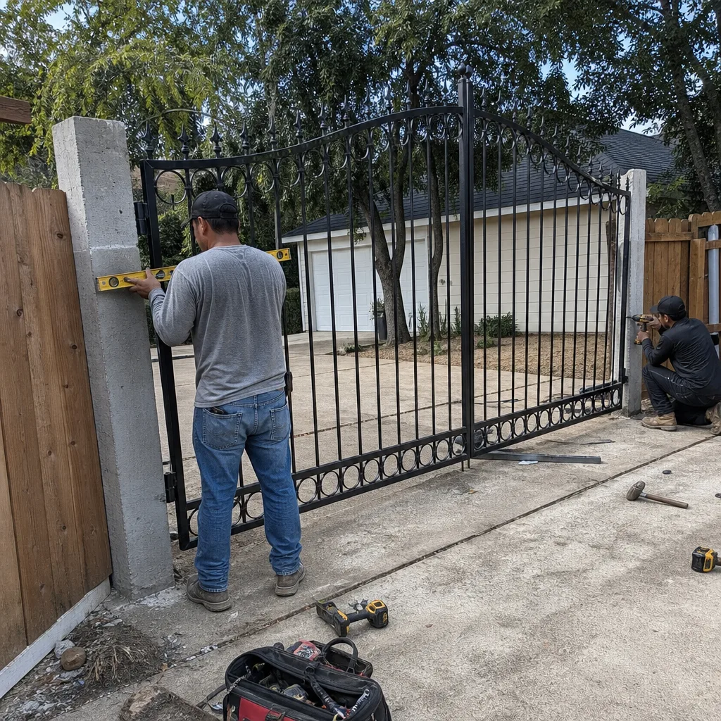 Two professional contractors installing a new metal driveway gate